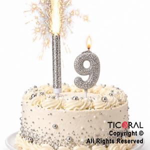 SET BENGALA Y VELA NUMERAL NUMERO 9 CON GIBRE PLATA